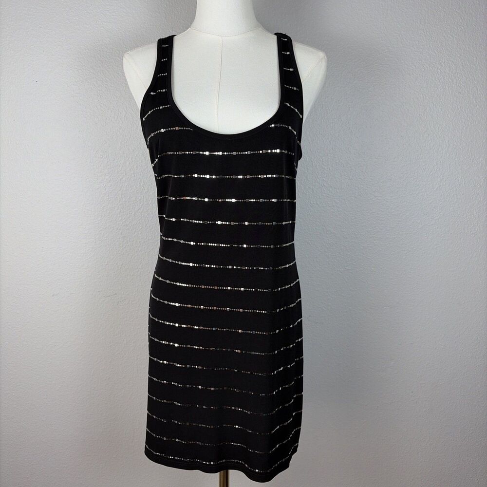 Frank Lyman Vintage Y2K  Jersey Black Silver Stripe Mini Shift Dress Size 6